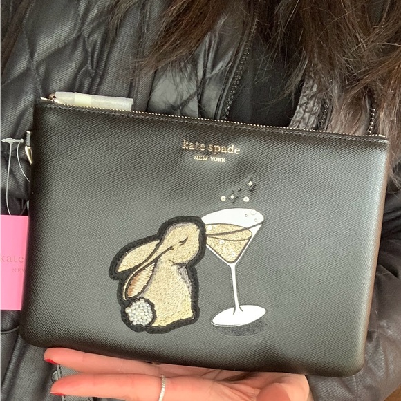 kate spade Handbags - Authentic KATE SPADE leather large zip top wristlet Bunny glitter pearls